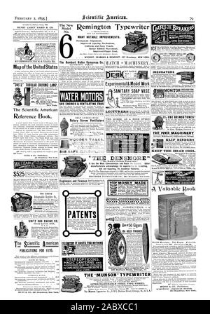 Bessere Ribbon Bewegung der Vereinigten 148-154 Monroe St. Chicag Vorsicht bei Verstößen. SINTZ GAS ENGINE CO. Publikationen für das Jahr 1895. Das neue Nr. PATENTE ES KOSTET SIE NICHTS' DIE DENSMORE", es hat die meisten Annehmlichkeiten und Läuft die Einfachste. Andere Hersteller bestätigen seine Überlegenheit durch Nachahmen. aber nicht gleich die grundlegenden Merkmale. . . DENSM () RE SCHREIBMASCHINE CO 202 Broadway New York. Geld MA E BETON. - Ein 18k Gold BEENDETE DEN NATIONALEN MFG. 8 t IMPORT CO. DIE 'MUNSON' SCHREIBMASCHINE AUSTAUSCHBAREN STAHL TYP RAD MONITOR INKUBATOR CO.KLIP BINDEMITTEL halten den Kopf kühl.    Stockfoto