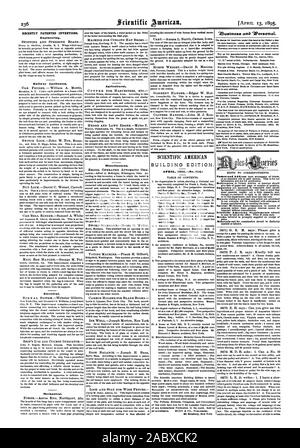 Vor kurzem patentierten Erfindungen. Engineering. Railway Appliances. Elektrische. Mechanisch. Landwirtschaftliche. Verschiedenes. Gebäude EDITION. APRIL 1896 (160. Ich 14.) und "rZusiness APersonat., Scientific American, 1895-04-11 Stockfoto