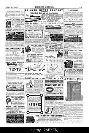 CHAS. BESELER artesischen Brunnen SINTZ GAS ENGINE CO GRAND RAPIDS MICR. revolutionären und Marine Gas- und BRUNNENBAU MACHINERX WILLIAMS BROTHERS MONTIERT ODER AUF SCHWELLER FÜR TIEFE ODER FLACHE BRUNNEN MIT Agenten. $ 75 Patente weltweit GAS ENGINE CO. ÜBERLEGEN ABFÄLLE VON BAUMWOLLE OLDS BENZINMOTOREN zehn Jahre auf dem Markt S. F. OLDS & SON DIE HYPNOSCOPE Alvah Bushnell. Vorschläge. Holz- TANKS. Neue ROHRZANGE SCIENTIFIC AMERICAN OFFICE: MODELL MOTOREN KATALOGE KOSTENLOS. alle newsdealers. s Horse Power. Gas Motor Guss Kessel Motoren Dynamos usw. usw. Musik Blatt Turner. Patentrechte zum Verkauf. T GUT & DOUGLAS Stockfoto