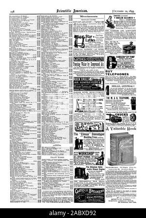 Star Drehmaschine automatische GESTEINSBOHRHÄMMER KOMPRESSOREN & PED mit der 'Höhepunkt' Stereotypeur die J. F. W. DORMAN CO.217 E. Deutsche St. Baltimore MD. ELL BOHREN MACHINERM WILLIAMS BROTHERS ITHAKA. New York MONTIERT ODER AUF SCHWELLER; für Dampf oder Pferd macht Adresse Sie 4 Ams 8 ROSJTHACA. Ma'10 Verti 9 Ements. Die shipman Auto matic Dampfmaschine EMPIRE HEIZKESSEL REINIGER - COMPOUND KAUFEN TELEFONE WESTERN TELEFON BAU CO HÖLLE ZENTRAL! Die M.&B. Telefon. Die USA TELEFON BAU CO 12500 Einnahmen. "708 Seiten. Preis 5. SCIENTIFIC AMERICAN OFFICE. 361 Broadway New York Sie alle wie es die Damen wie es Stockfoto