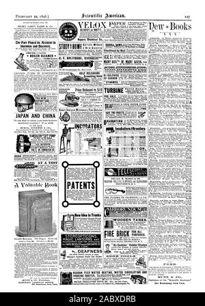 Ilra ic Scientific American Office 361 Broadway New York. Neue Idee in Trunks ist ein tragbares Dressing case STEREOPTICONS. . Und KOPF GERÄUSCHE Durch die Verwendung von Louisville Trust Co. Gebäude Loinsville Erfindung und Entdeckung erleichtert. EMPIRE KESSEL CLEANER COMPOUND Kemble Geb. 19 Whitehall St. N.Y. Verbrennungen OVERTON & Co Constable Geb.. 6. Ave. und 18 St. New York City im Geschäft. Gardam & Sohn 95 John St. New York. Bei einem TEST DER BESTEN IN DER WELT. Pumpen jede Art von Flüssigkeit. 10 Größen der E. W. VANDUZEN CO. alle ihre eigenen. . . . . PARTURE BELL CO. 210 North Main Street Bristol Anschl. U. S. A., JAPAN UND CHINA Stockfoto