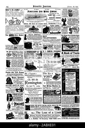 18. APRIL 1896 Adresse 50th Street und Lancaster Avenue PHILADELPHIA USA PENNSYLVANIA IRON WORKS FIRMA 'Globus' GAS benzin Motoren für Stationäre und WAS IST EIN NAME? . WHITMAN SATTEL CO8-Kammern St. New York der N C 114 NOCH PRIESTMAN & Unternehmen. litc. 530 Bourse Building Philadelphia VANDUZEN TEArm PUMPE DIE BESTE IN DER SEELE Pumpen jede Art der Flüssigkeit. friert. Jede Pumpe gewährleistet. 10 Größen. 200 bis 12000 Gallonen pro Stunde. Die E. W. YANDUZEN CO.102 bis 108 E. zweite St. Cincinnati 0. Öl. Sicherheit automatischer Vorschub. . . Kurbelzapfen Öler. Ma y Typewrit r Verbesserungen das Interesse der Stockfoto