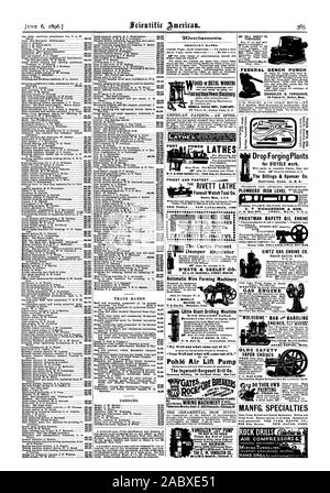 Immer Um nie Clogs noch fr jede Pumpe gewährleistet. 10 Größen. 200 bis 12000 Gallonen pro Stunde. Die E. W. VANNZEN CO" C.0 Richardson & Sohn 1'. 0. Box 977 ATHOL MA?.S. U. S.A. PRIESTMAN SICHERHEIT ÖL MOTOR Zimmer 530 PHILADELPHIA BOURSE SINTZ GAS ENGINE CO GAS MOTOR WEllsTER MFG. Co.GRAND RAPIDS 23.38.39. OLDS SICHERHEIT DAMPF MOTOREN P F. OLDS & SOHN TUN IHR EIGENES DRUCKEN MANFG. Spezialitäten ROCK Buis, Scientific American, 1896-06-06 Stockfoto