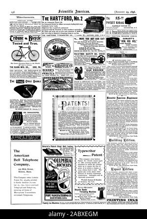 ATENTS! MUNN & CO SOLICITORS DER PATENTE 361 BROADWAY NEW YORK. Bristol's Patent Stahlband Schnürung. STANDARD DER TRUG!) Papst MANUfACTURING (0. HARTFORDCON N. Schreibmaschine Patent 327 Broadway New York. Fahrrad Maschinen. Fahrrad sprach Threading Maschine die Waterbury Farrel Gießerei und Maschine Unternehmen Bank St. Waterbury Anschl. U. S. A. OPERATIVE CO 21340 stio EARLSNEWY 530 Bourse Geb.. PHILADELPHIA PA. PREISTMAN SICHERHEIT ÖL Letzte am Längsten. OS. DIXON TIEGEL CO JERSEY CITY NEW JERSEY 9 AD NA EISIGE PREISE. Getestet und Wahr. -. ": Die einfachste Laufrad der Welt. Die SCHWARZE MFG. Co.ERIE PA. Alle STYLES GF Stockfoto