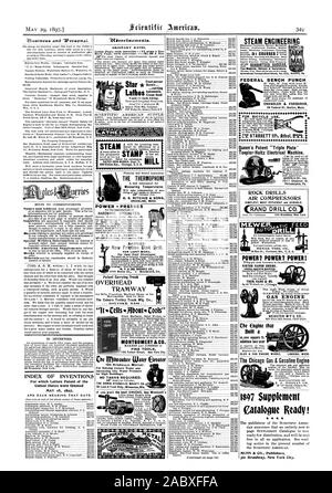 Die ERFINDER INDEX DER ERFINDUNGEN, für die Patentschriften der Vereinigten Staaten am 18. MAI 1897 UND JEDES LAGER DIESEM DATUM gewährt wurden. Normale Preise. Inside Seite Einfügungen-75Cent eine Linie der iniltvaukee Wasser Aufzug (ODER HYDROMOTOR). Für die Zisterne Wasser und wachsende Stadt Wasser Druck für hohe Gebäude. Keine Tanks erforderlich. Der ERWIN HYDRAULISCHE MACH'Y CO 58 Loan & Trust Gebäude. MilwaukeeWIL Physikalische und Schule Apparat die THERMOPHONE Messen von Temperaturen wird die Temperatur der E.S. RITCHIE & Söhne BROOKLINE MASSE. das Land übernehmen. POWER & Fuß "SHAPERSPLANERS. Bohrer gleich Stockfoto