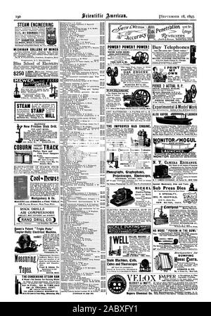 Geld. PIERCE 2 DIE TATSÄCHLICHE H. S. PIERCE MOTOR CO.17 N. 17 St. Racine, Wis. Experimentelle & Modell Arbeit ZIEL VAPOR STARTEN N.Y. KAMERA EXCHANGE 43 Fulton St. NEW YORK HYGIENISCHE KÜHL- UND CO. NICHT MEHR "GIFT IN DER SCHÜSSEL: Das "allinckrodt "Patent Nikotin absorbieren Hno und belüfteten Tabakpfeife der Harvey & Watt Co. Station E Philadelphia Pa und Nr. 275 Canal Street, New York. 0 0 @ DAMPFTECHNIK GASMOTOR WEBSTER M'F'G CO.Chompson verbesserte Anzeige. (Original Thompson Indikator). AMERICAN STEAM MANOMETER CO.34 36 & 38 Chardon Street Boston, Mass. X, Scientific American, 1897-09-18 Stockfoto