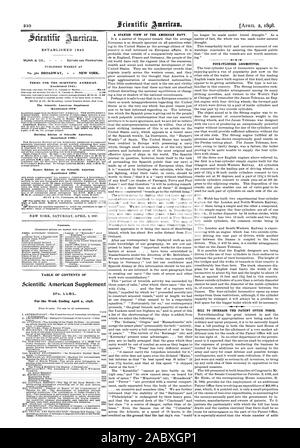 Veröffentlicht wöchentlich AUF BEDINGUNGEN FÜR DEN Scientific American. (Etabliert 1 S 45.) Das Scientific American Supplement Gebäude Ausgabe von Scientific American. (Etabliert 1 S 85.) Export Ausgabe des Scientific American Inhalt. Inhaltsverzeichnis von Scientific American Supplement 1. 61. Ozean.-9 Illustrationen 18549 EIN SPANISCHER SICHT DER AMERIKANISCHEN MARINE. BILL ZU ERHÖHEN DAS PATENTAMT KRAFT., 1898-04-02 Stockfoto