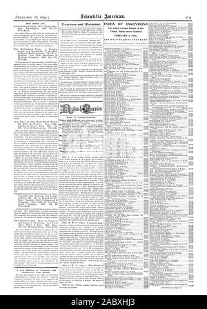 INDEX DER ERFINDUNGEN, für die Patentschriften der Vereinigten Staaten vom 7. Februar 1899, Scientific American gewährt wurden, 1899-02-18 Stockfoto