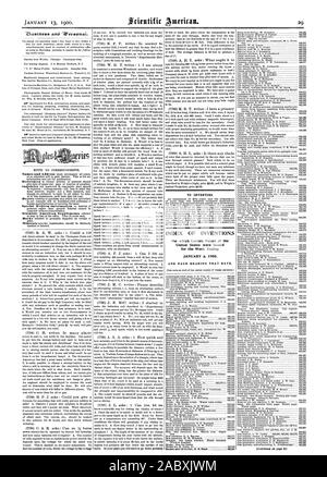 Für Erfinder. INDEX DER ERFINDUNGEN, für die Patentschriften der Vereinigten Staaten für die Woche Ende und jedes Lager, dass Datum., Scientific American, 1900-01-13 ausgegeben wurden. Stockfoto