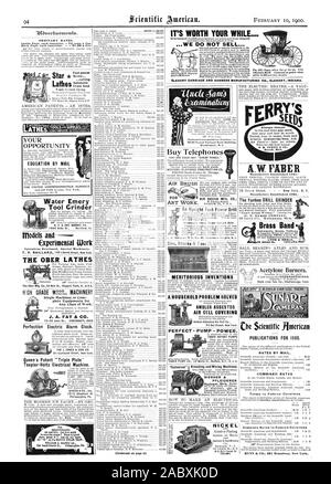 Jede Klasse Arbeit. J. A. FAY & CO.10-30 John St CINCINNATI OHI Perfektion elektrischen Wecker. Der J.JONES & SOHN CO 64 Cortlandt Street New York. der Scientific American Acetylen Brenner. State Line Talkum Co Chattanooga Tennessee Washington DC kaufen Telefone, SIND GUT - nicht billige Dinge." WESTLICHEN TELEFON CONSTRUCTION CO. NICKEL Hanson ein VanWinkle Co.ekrat. New Jersey Chicago. Der Yankee BOHRER SCHLEIFGERÄT Instrumente. Drums Unifarme LYON & Healy, 1900-02-10 Stockfoto