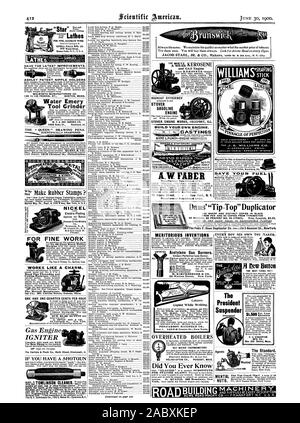 Manufaktur gegründet 1761. WILLIAMS S tt VERKAUFT ÜBERALL ElY MAIL ZS GIDDINGS IC STEVENS Rockford Illinois sparen Sie Kraftstoff eine es für feine PRÄZISE SENECA FALLS MFG ARBEITEN. Co.695 Water Street Seneca Falls N.Y. US A. NICKEL Electro-Plating Daus'' Tip-Top' Duplicator VON STIFT UND 50 KOPIEN VON SCHREIBMASCHINE Agenten der Präsident Hosenträger wollte. 25 Meaeltd lsIonicrkeeelepilpattej Schaltfläche Neu DAS BESTE YETI DER L. und H. SUPPLY CO. 85 Commercial Avenue Binghamton N.Y. GEISTIGE NÜSSE, Scientific American, 1900-06-11 Stockfoto