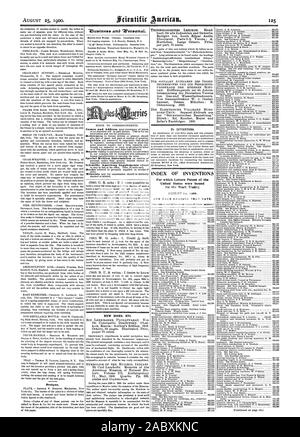 Neue Bücher etc. FÜR ERFINDER. INDEX DER ERFINDUNGEN, für die Patentschriften der Vereinigten Staaten für die Woche endet am 14. August 1900 erteilt wurden. Und jedes Lager, dass Datum., Scientific American, 1900-08-25 Stockfoto