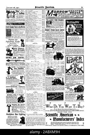 Original Yankee Rasierseife 10 C. Luxus Rasierseife 25c. Schweizer Violett Rasierschaum 50c. Die J. B. WILLIAMS CO.Glastonbury CI. Entwicklung DER AMERIKANISCHEN LO NG1NE IMMER BEREIT. Die LOZIER MOTOR CO. DAVIS-JOHNSON CO. Station V CHICAG KRANK. Höchste Effizienz STOVER STOVER MOTOR BENZIN MOTOR ARBEITET FREEPORT szER fügt VERGNÜGEN UND SICHERHEIT - ALLE HÄNDLER ZU VERKAUFEN. Charme. Toled Ohio. Verbrennungen Kerosin macht. Neuheiten spezielle Werkzeuge, Maschinen und Ausrüstungen Neues Patent ARBEITSSPARENDEN GERÄTE. Wissenschaftliche amerikanische Hersteller Index, Scientific American, 1901-01-26 Stockfoto