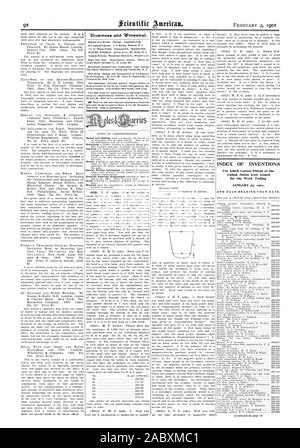 INDEX DER ERFINDUNGEN, für die Patentschriften der Vereinigten Staaten für die Woche endet am 29. Januar 1901, Scientific American, 1901-02-11 ausgegeben wurden. Stockfoto