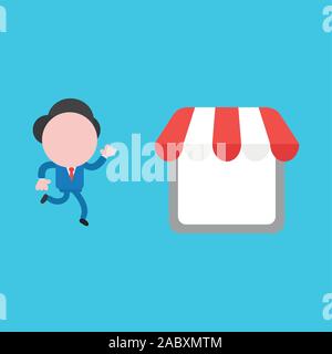 Vector Illustration gesichtslosen Geschäftsmann Charakter running Store auf blaue Farbe Hintergrund zu kaufen. Stock Vektor