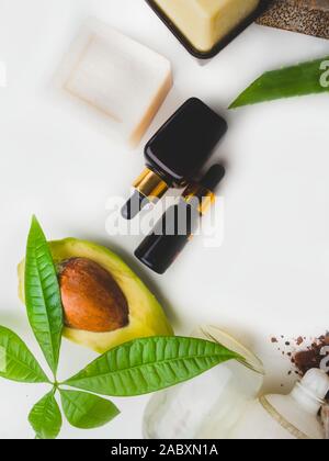 Natürliche eco Skin Care Produkte, Ansicht von oben Zutaten. Kosmetische, Masken, Seife, Blatt, Aloe vera, Avocado, Serum, Hyaluronsäure. Gesichtsbehandlung Stockfoto