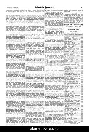 INDEX OP ERFINDUNGEN, für die Patentschriften der Vereinigten Staaten für die Woche bis zum 30. Juli 1901, Scientific American ausgestellt wurden, 1901-08-10 Stockfoto