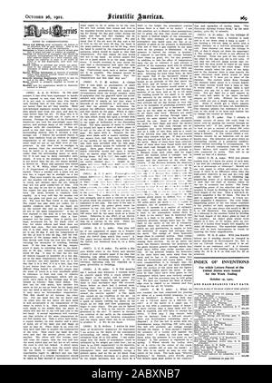 INDEX OP ERFINDUNGEN, für die Patentschriften der Vereinigten Staaten für die Woche bis zum 15. Oktober 1901, Scientific American, 1901-10-26 ausgegeben wurden. Stockfoto