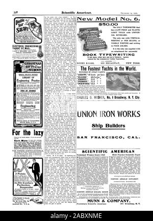 CHARLES D. MOSHER Nr. I Broadway N.Y. Stadt. UNION IRON WORKS Neues Modell Nr. 6. Die schnellsten Yachten der Welt. SCIENTIFIC AMERICAN BOOK. MASCHINENSCHREIBEN hat es viele andere neue und neuartige Funktionen. Die Agenten wollten für die kommerzielle sichtbar Schreibmaschine. 300 BROADWAY 50,00 $ WIR LEHREN SY MAIL tlerionleol Eiretrlesi Esainetrita; Zeichnung; lotornotIonol Korrespondenz. Schulen Roo 042. Staunton Po. Elektrotechnik per E-Mail unterrichtet. "Kann ICH EIN ELEC ELEKTRISCHE INGENIEUR?" Für das Laz DIE KONSOLIDIERTE SCHULEN (8473) C. H. schreibt: Ich war Inter (8474) W. F. B. fragt: In der Beleuchtung meiner wissenschaftlichen AMERICAN Stockfoto