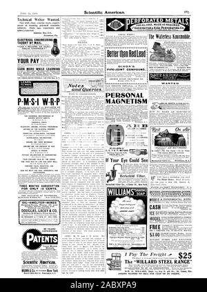 Aufzucht FIRMA COMII. Msit 3 5 7 H. S. MOTOREN. Funkenbildung Möpse und Spulen. WILLIAMS = Schweizer Violett Rasiercreme. 50C. Berkefeld Filter Berkefeld Filter Co.4 die Cedar St. New York. Die Wasserlose Knoxmobile. KNOX AUTOMOBILE CO. Springfield Mass iSVAili IN AP IN MI Clinton Ia maschinen Hühneraugen @ Motoren Brewers' WM. T. COMSTOCK Pub. 23 Warren St. New York. Und EXPERDIENTA 1. Arbeiten. Modell ERFORATED METALLE., Scientific American, 1902-04-19 Stockfoto