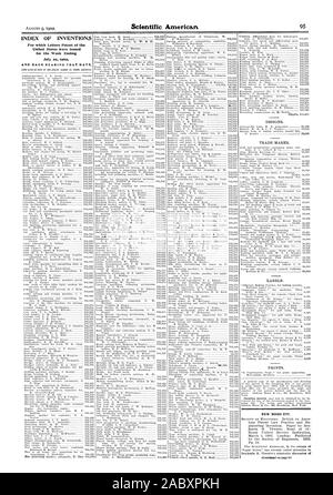 INDEX DER ERFINDUNGEN, für die Patentschriften der Vereinigten Staaten für die Woche bis zum 29. Juli 1902 Entwürfe ausgestellt wurden. Marken. LABELS. Drucke., Scientific American, 1902-08-09 Stockfoto