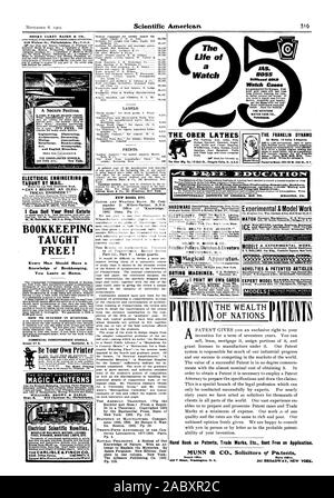 Werden Ihnen aktuelle für sechs 6-Kerze Parse!! & Unkraut. 129-131 W. 31 St. N.Y. Experimentelle & Modell Arbeit MFG. CO 899 Clinton Street Milwaukee Wis Erfindungen entwickelt. Spezielle Maschinen. E. V. BAILLARD. Fuchs geb. Franklin Square in New York. Neuheiten ein etc. NEUE VORA SCHABLONE VIORMI IOC MASAO ST N. & Neuheiten & PATENTIERTE ARTIKEL 7% im OM die Direktoren der Korrespondenz Institut von Amerika beschlossen haben eine begrenzte Anzahl von freien Hand Book Award auf Patente, Marken etc. Kostenlose Anwendung., Scientific American, 1902-11-08 Stockfoto