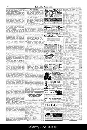 INDEX DER ERFINDUNGEN, für die Patentschriften der Vereinigten Staaten für die Woche bis 6. Januar 1903 und jedes Lager, dass Datum ausgestellt wurden. ASHLEY PATENT NIPPEL HALTER 128 bis 138 FEDERAL ST. BOSTON MOSS. Gra.phophone 'Benutzer Hawthorne 6. Sheble Manufacturing Co. das EUREKA-CLIP MAXIMALE LEISTUNG - MINIMALE KOSTEN. TABER ROTATIONSPUMPE Gas und Benzin Motoren stationäre und Marine. WOLVERINE MOTOR WORKS Grand Rapids Michigan 1999 Ruby St.. Rockford III. Alle, die daran interessiert sind, LIEFE S MASCHINE SHOP OUTFITS MOTOR & fuß Gas Motor ZÜNDER Drehmaschinen für feine PRÄZISE SENECA FALLS MFG ARBEITEN. Co.HABEN DIE NEUESTE Stockfoto