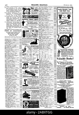 INDEX VON ERFINDUNGEN, die Vereinigten Staaten waren für die Woche Ende und jedes Lager, DASS DATUM FÜR FEINE PRÄZISE SENECA FALLS MFG Arbeiten ausgestellt. Co.695 Wasser zeugte SCHIEREN'S WEEKLY BERATUNG: Schieren Belting Herd Kaufen - Rohr mdlater Dünger ihr Eis für 10 abzweigte. Die 234 H.P. WEBER JUNIOR PUMPER Weber Gas und Benzin Motor Co. S. 0. Feld 4 ein. Kansas City Mo. FÜR LEICHTE ARBEITEN. Maschinen für ROLLINC YOR DERICAWASti fiil 8 7 Af AWE CR 0,57 LOUIS. MO. BERKEFELD FILTER 4 Cedar Street. New York. Rockford Illinois BLAKE & JOHNSON S. 0. Boa 7 Waterbury Anschl. GEWINDE. alle Zwecke A. MIETZ durch, die für die H. W Stockfoto