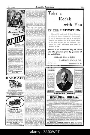 CADILLAC AUTOMOBILE CO. Detroit Michigan DARRACQ PEERLESS E-mt Touring Cars eine Kodak mit Ihnen Kodaks4x5 oder kleiner Nehmen die Ausstellung getroffen werden können. KODAKS $ 5,00 bis $ 97,00 wissenschaftliche amerikanische Herausgeber der Encyclopedia Americana beeilen - BEKANNTMACHUNG ENCYCLOPEDIA AMERICANA MEHR ALS EINE MILLION DOLLAR, Scientific American, 1904-05-07 Stockfoto