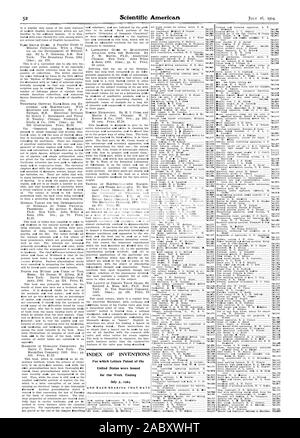 INDEX DER ERFINDUNGEN, für die Patentschriften der Vereinigten Staaten für die Woche Ende, Scientific American, 1904-07-16 ausgegeben wurden. Stockfoto