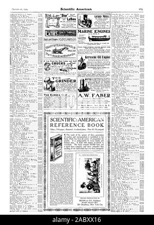 Scientific American und Revolver Drehmaschinen Plan WESTCOTT DES VERNICKELT, NEHMEN SIE DIE STRASSE FÜR DEN ST. LOUIS MESSE. Kerosin Öl Motor nichts aber Kerosin Öl läuft es cal und einfach zu bedienen. International Power Fahrzeug Co.Niagara hydraulische Motor Co. A.W. FABER Manufaktur gegründet 1761. Schleifer Beförderung Motoren für Fahrrad Kontakt oder Klumpen Funken gewähren. FERRIS CO SCHIFFSMOTOREN lly bis 40 II. Ich'. Startet Grand Raptde Mich. Das EUREKA-CLIP SCIENTIFIC AMERICAN NACHSCHLAGEWERK REDUZIERT FAKSIMILE TEMPO 8. Scientific American Office, 1904-10-22 Stockfoto