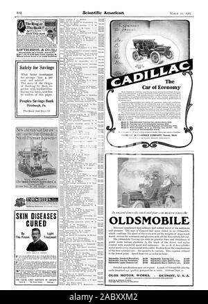 Das Auto von Wirtschaft CADILLAC AUTOMOBILE COMPANY Detroit Michigan 7 Völker Sparkasse Pittsburgh PA. Syrakus T HAUT Krankheiten geheilt durch die finsen Behandlung der FINSEN LICHT INSTITUT VON AMERIKA OLDSMOBILE OLDS MOTOR FUNKTIONIERT. - DETROIT. U. S. A., Scientific American, 1905-03-11 Stockfoto