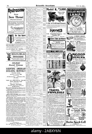 Räder und Blöcke. 1999 Ruby St. Rocktord das beste Automobil Becko Funken Zelle J. Wenn. BUNNELL & Co. Kuren Halsschmerzen eine harmlose Antiseptikum. Die. HAYNES - Appersorx Co unten lnd. Sparen Sie Zeit und Geld BATES Hand Nummerierung Maschine SPEICHERN BRANDSCHADEN I T K LUXUS IN REISEN REITEN AUTOMOBILE'' Die MIDNIGPIT SUN' SOLAR MOTOR BADGER MESSING MFG. Co.Kenosha. Wis New York Office II Warren St. AIIGUST MIETZ, Scientific American, 1905-07-22 Stockfoto