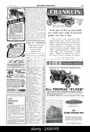 Ein Lager Cadillac nach tw Jahre der anspruchsvollen Service wurde während twelvemonths der kontinuierlichen Nutzung auf insgesamt Reparatur Wunder, dass die Cadillac als "Auto von Wirtschaft bekannt ist?' CADILLAC AUTOMOBILE CO. Detroit Michigan Scientific American das EUREKA-CLIP MASCHINEN FÜR ROLLING GEWINDE gepflegt. Lead-Colored Schiefergriffel Gummibänder Farben verbesserte Berechnung Regeln. Serie "E.R. THOMAS MOTOR CO. Fabriken BUFFAL NEW YORK Che Eeading 'Fashionable Hotel CELLENCE. Absolut moderne amerikanische und europäische Plan, 1905-10-07 Stockfoto