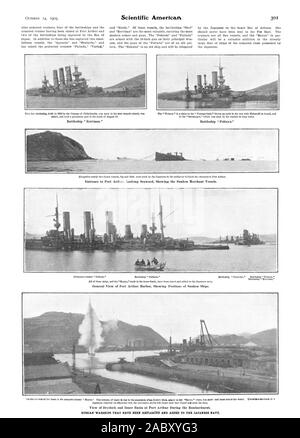 Schlachtschiff "Retvizan." Schlachtschiff "Poltawa.' Eingang in Port Arthur suchen Seewärts der versunkenen Handelsschiffe angezeigt. Allgemeine Ansicht von Port Arthur Hafen Übersicht Positionen von versunkenen Schiffen. Blick auf Trockendock und inneren Becken auf Port Arthur während der Bombardierung. Russische Kriegsschiffe, die REFLOATED UND HINZUGEFÜGT, um die japanische Marine., Scientific American, 1905-10-14 Stockfoto