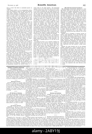 Die irische Internationale Ausstellung. In Bezug auf Bekleidung. Elektrische Geräte. Von Interesse für die Landwirte. Von allgemeinem Interesse. Heizung und Beleuchtung. Maschinen, Apparate und mechanische Geräte., Scientific American, 1906-12-15 Stockfoto