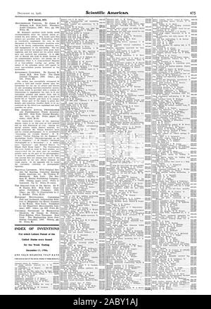 Neue Bücher etc. Für welche Buchstaben Patent der Vereinigten Staaten für die Woche Ende Dezember 1906, Scientific American ausgestellt wurden, 1906-12-22 Stockfoto