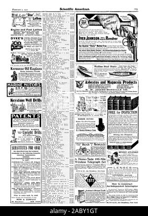 Und Fischerboote Asbest und IllaOnesia Produkte DAMPFROHR UND KESSEL. "1-M" ASBEST DACHEINDECKUNG. Asbest FEUER - WIDERSTAND GEGEN ZEMENTE. KEYSTONE HAAR ISOLATOR. Asbest BAUSTOFFE. Elektrische Versorgung. Stadt. Minneapolis San francisc Los Angeles. Seattle. London. Fotografische fensterläden Eine unabhängige Unterbrecher Wirele oa elegraph Outfit." MUNN CC CO.361 Broadway New York, Scientific American, 1907-02-02 Stockfoto