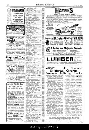 Asbest Stoffen. Asbest FEUER - WIDERSTAND GEGEN ZEMENTE. KEYSTONE HAAR ISOLATOR. Asbest BAUSTOFFE. Elektrische Versorgung. Chicag Boston Philadelphia St. Louis Pittsburg Cleveland New Orleans Kansas City. Minneapolis, San Francisco. Los Angeles Seattle. London. Bauholz Beton Beton Beton Bausteine, Scientific American, 1907-04-13 Stockfoto