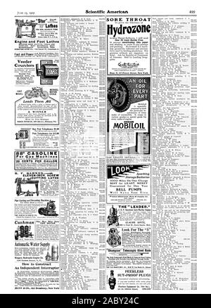 Rochester N.Y. HALSSCHMERZEN SENF.CA FÄLLT MFG. Co.Zähler VEEDER MFG. Co.18 Sa. rgeant St. Hartford Comm. SUT-PROOF STECKER Peerless Equipment Co (Nicht Inc.), Scientific American, 1907-06-15 Stockfoto