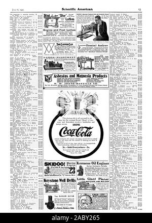 38 Murray St. New York US A Little Giant Planer 858.927 867684 Asbest und Magnesia Produkte DAMPFROHR UND KESSEL. "1-M" ASBEST DACHEINDECKUNG. ASBESTOSPACKING (für alle Zwecke). Asbest Stoffen. Asbest FEUER - WIDERSTAND GEGEN ZEMENTE. KEYSTONE HAAR ISOLATOR. Asbest BAUSTOFFE. Elektrische Versorgung. JON NS=WIATIVIL. L.E CO Stadt. Minneapolis, San Francisco. Los Angeles Seattle. London. 5c. Verkauft Überall-5 C., Scientific American, 1907-07-06 Stockfoto