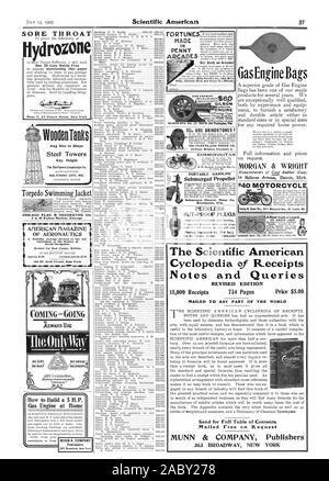 1641 und 1642 B.F. See beschreibt einfach und gründlich wie ein fünf Pferd Strom Gas Motor kann zu Hause gebaut werden. Kom plette arbeiten Zeichnungen sind veröffentlicht 361 Broadway New York der Scientific American Cyclopedia von Quittungen Hinweise und Anfragen überarbeitete Auflage 15000 Einnahmen 734 Seiten Preis 5,00 $ ZU JEDEM TEIL VERSCHICKT DER WELT Für vollständiges Inhaltsverzeichnis verschickt auf Anfrage kostenlos 363 BROADWAY NEW YORK, 1907-07-13 Senden Stockfoto