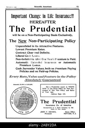 Wichtige Änderung in der Lebensversicherung!! Nachstehend die aufsichtsrechtlichen Nicht = Grundlage ausschließlich teilnehmen werden. Die neuen Nicht = Teilnehmenden Politik mit seiner attraktiven Features. Niedrigsten Prämiensätze. Vertrag klar und eindeutig. Liberale Bargeld Darlehen. Nicht=forfeitable nach einem Jahr Prämie gezahlt wird. Automatische erweiterte Versicherung oder Automatische Premium Darlehen. Cash Rückkaufswerte sowohl auf Premium zahlen Politik und auf bezahlten = bis Politik. Eine aufsichtsrechtliche Agent oder schreiben Sie jetzt an das Home Office für volle Par=ticulars dieser neuen Politik und Preise in Ihrem Alter. Die Prudential Insurance Co. von Stockfoto