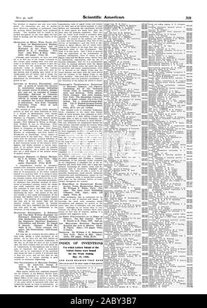 INDEX DER ERFINDUNGEN, für die Patentschriften der Vereinigten Staaten für die Woche Ende 19 1908 erteilt wurden. Und jedes Lager, Datum, Scientific American, 1908-05-30 Stockfoto