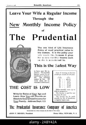 Lassen Sie Ihre Frau, ein regelmäßiges Einkommen durch die Neue monatliche Einkommen Politik der aufsichtsrechtlichen Die eine Art von Lebensversicherung für die meisten praktischen Wert t der Frau. Es ist die Politik ihre Frau möchte weil es gibt ihr einen festen monatlichen Einkommen, wie Sie es gewohnt ist. Dies ist der sicherste Weg, um die Kosten niedrig ist Schreiben für Preise bei Ihrem Alter und erfahren Sie, wie Sie zur Verfügung stellen können, ein absoluter Gewinn für Ihre Familie garantiert. Adresse abt. 1 2 1 PRUDENTIAL P GIBRALTAR die Prudential Insurance Company von Amerika als Aktiengesellschaft durch den Staat New Jersey John F. DRYDEN Präsident Home Stockfoto