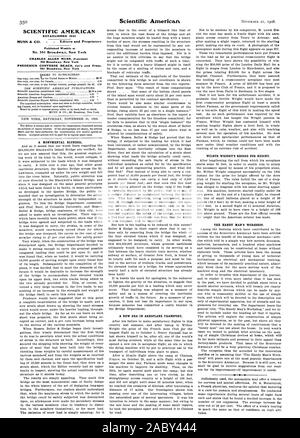 SCIENTIFIC AMERICAN gegründet 1845 MUNN & Co -. Editoren und Proprietort. Wöchentliche an Nr. 361 Broadway veröffentlicht. New York 361 Broadway New York eine monumentale Fehlleistung. Eine neue Ära im Flugzeug transportieren. WILBUR WRIGHT den Rekord für die Höhe. Der handliche VERBOT WERKSTATT., 1908-11-21 Stockfoto