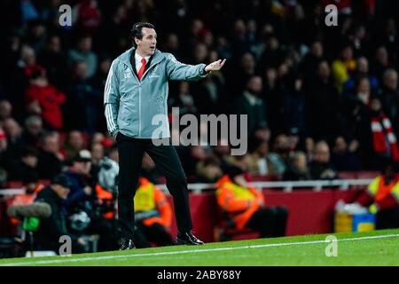 London, Großbritannien. 28 Nov, 2019. Fußball: Europa League, FC Arsenal - Eintracht Frankfurt, Gruppenphase, Gruppe F, 5. Spieltag, im Emirates Stadion. London Trainer Unai Emery. Foto: Uwe Anspach/dpa/Alamy leben Nachrichten Stockfoto