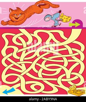 In der Vector Illustration, das Labyrinth ist ein Puzzle, in dem Sie helfen müssen, die Maus von der Katze in der Nerz zu entkommen Stock Vektor