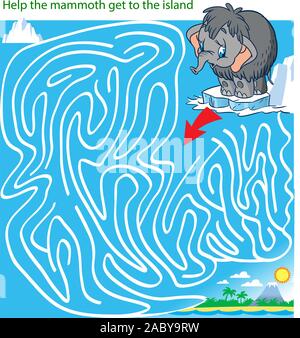 Vector Illustration mit einem Puzzlespiel, in dem es erforderlich ist, den Mammoth auf die Insel zu bringen, Ihnen dabei zu helfen Stock Vektor