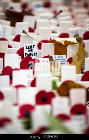 UK Tag der Erinnerung: Damit wir es nicht vergessen. Detail der Kränze und Meldungen der Erinnerung in Gedenken an die Menschen, die ihr Leben in der Linie der Aufgabe verloren. Stockfoto
